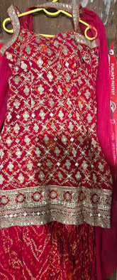 Maroon Zari Embroidered & Bandhani Printed Sharara Suit Set with Tilla Work